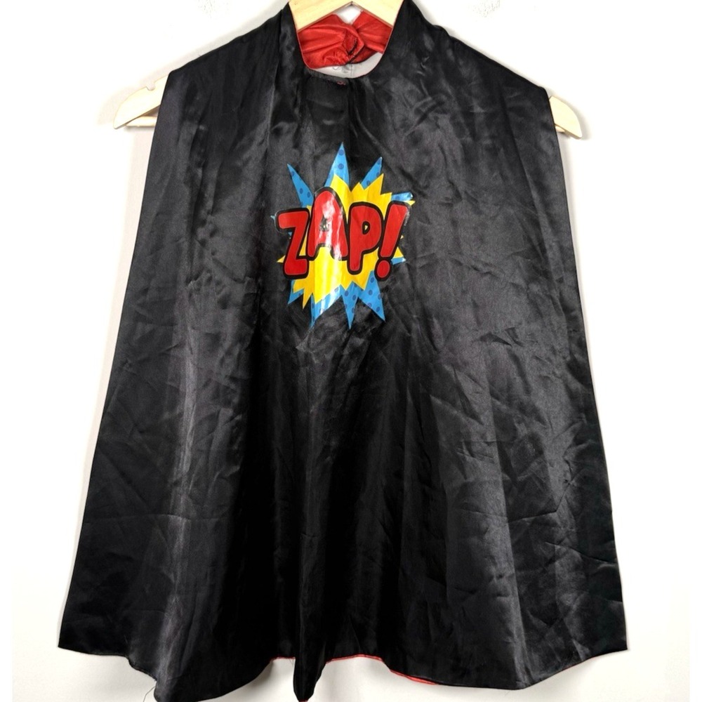 Creative Play Black Satin Superhero Cape Red Trim Kids Costume ZAP! Reversible